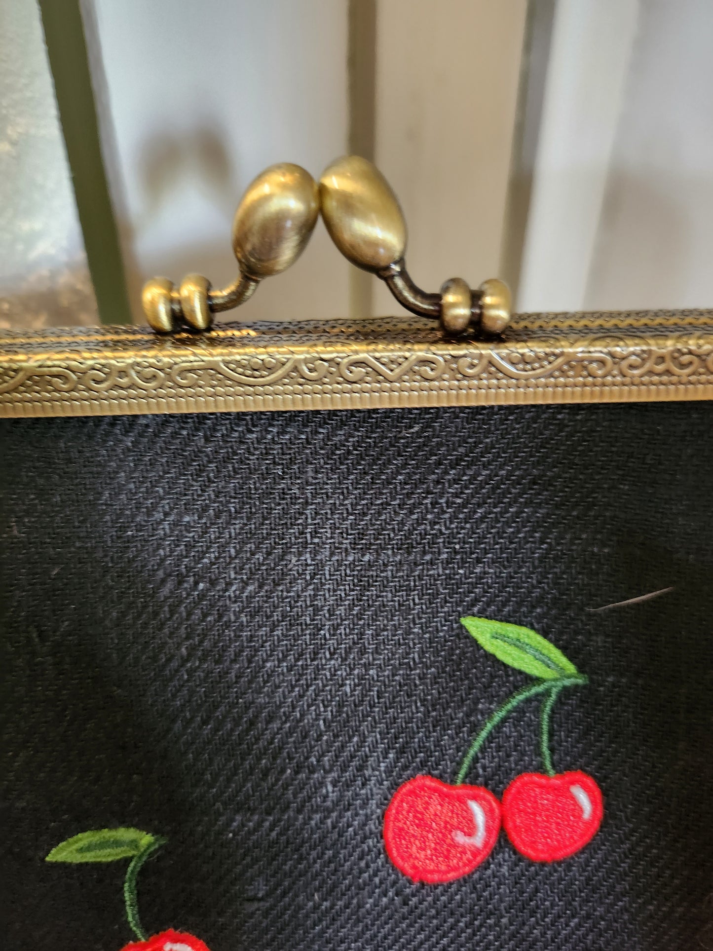 Canvas Cherry Embroidered Kisslock Clutch