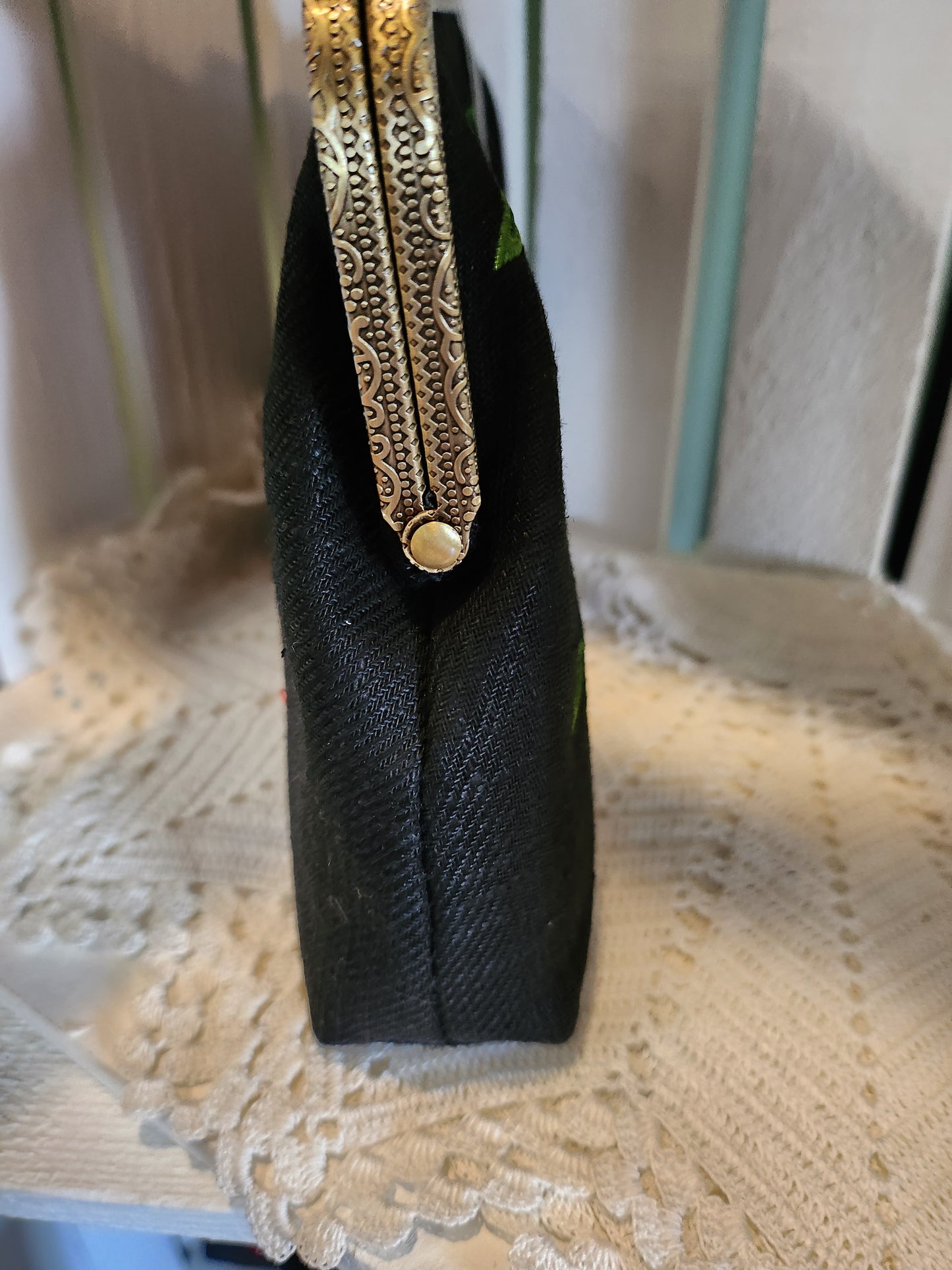 Mushroom Embroidered Canvas Kisslock Clutch