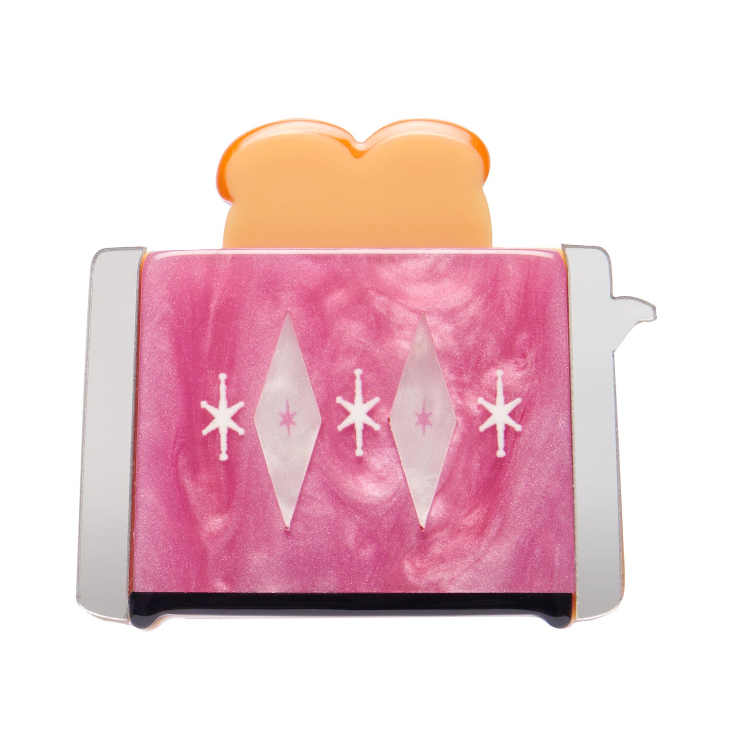 Mid Century Style pink toaster acrylic brooch with starburst motif and slice of toast