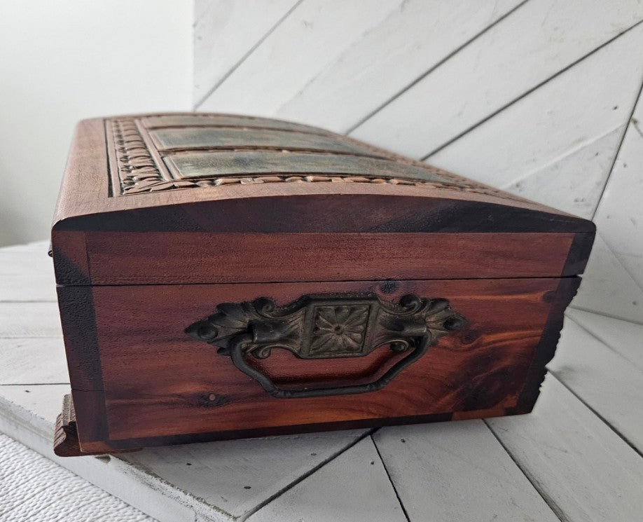 Carved Wood Leather Motif Jewelry Box