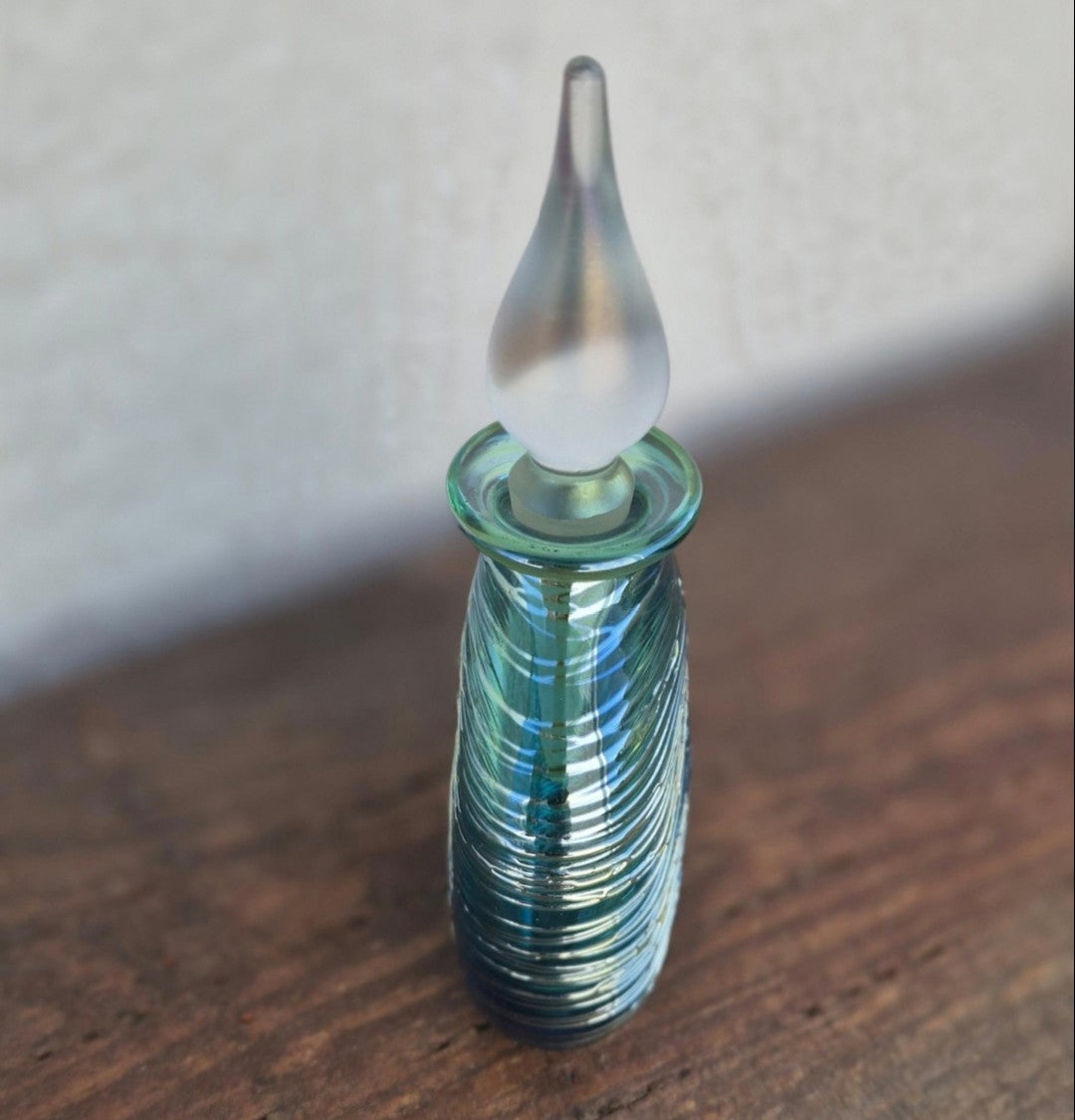 Blue Green Threaded Glass Perfume Bottle - Signed