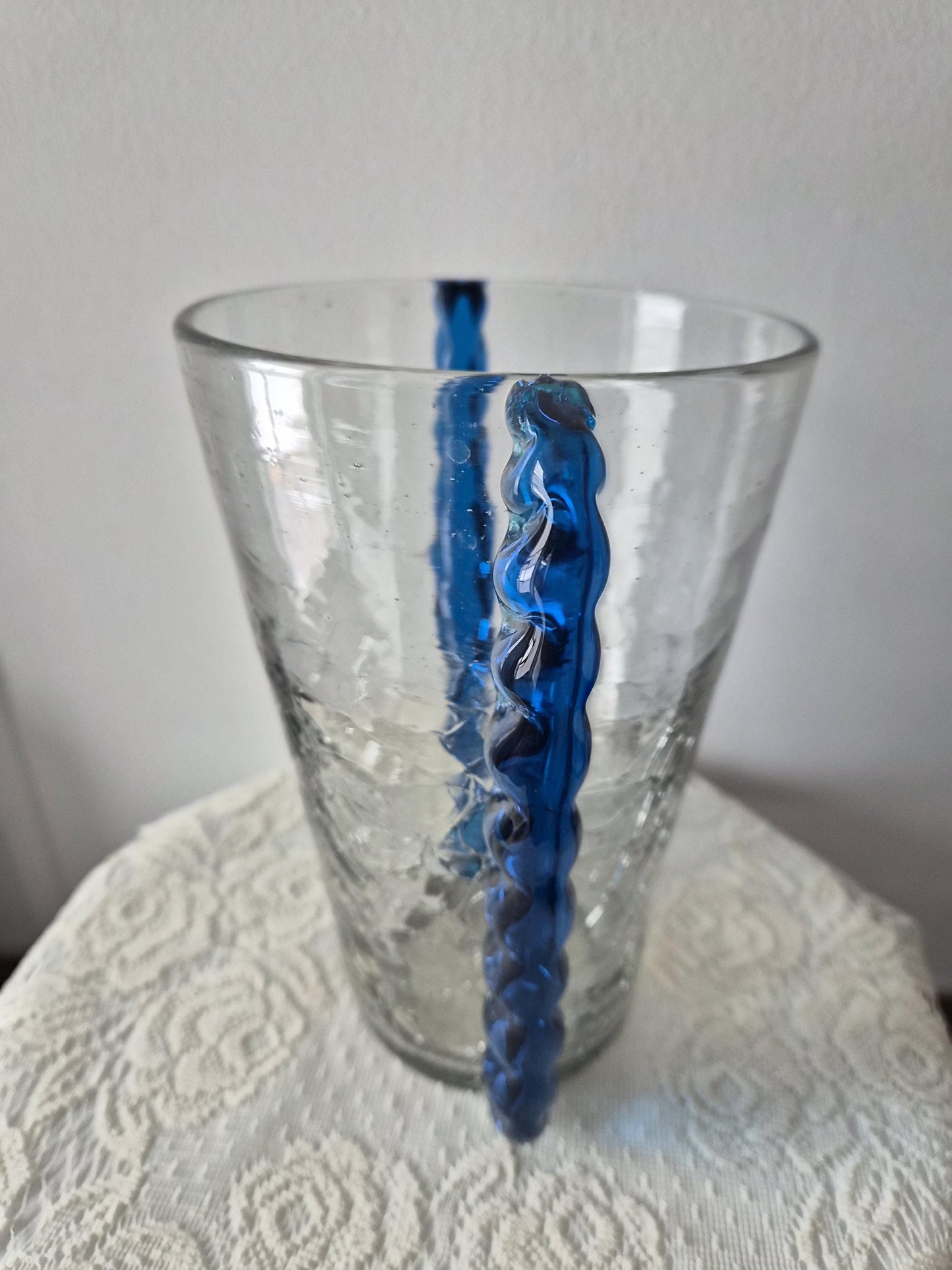 Blenko Crackle Glass Ribbed Handled Vase