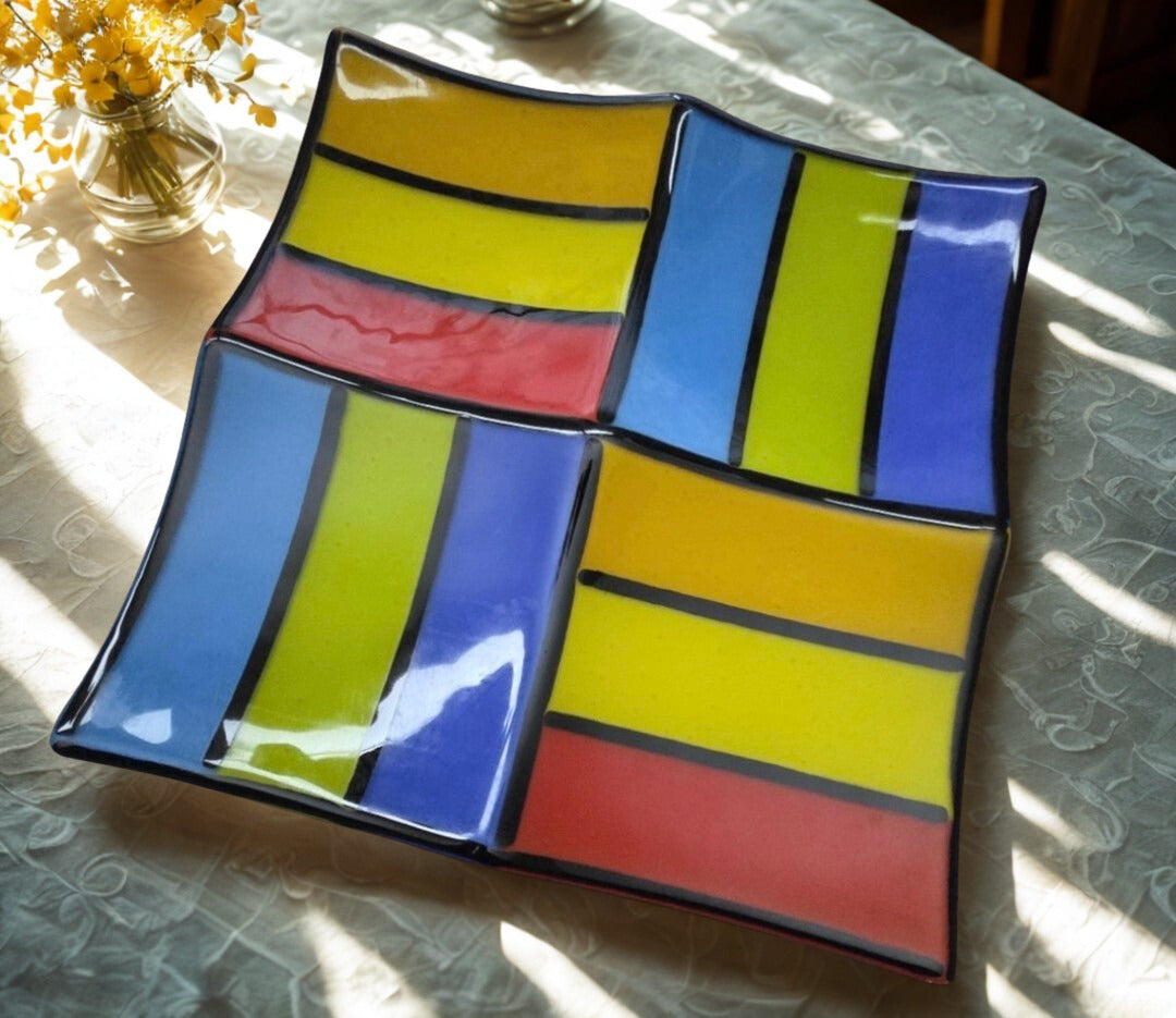 Fused Color Block Art Glass Dish