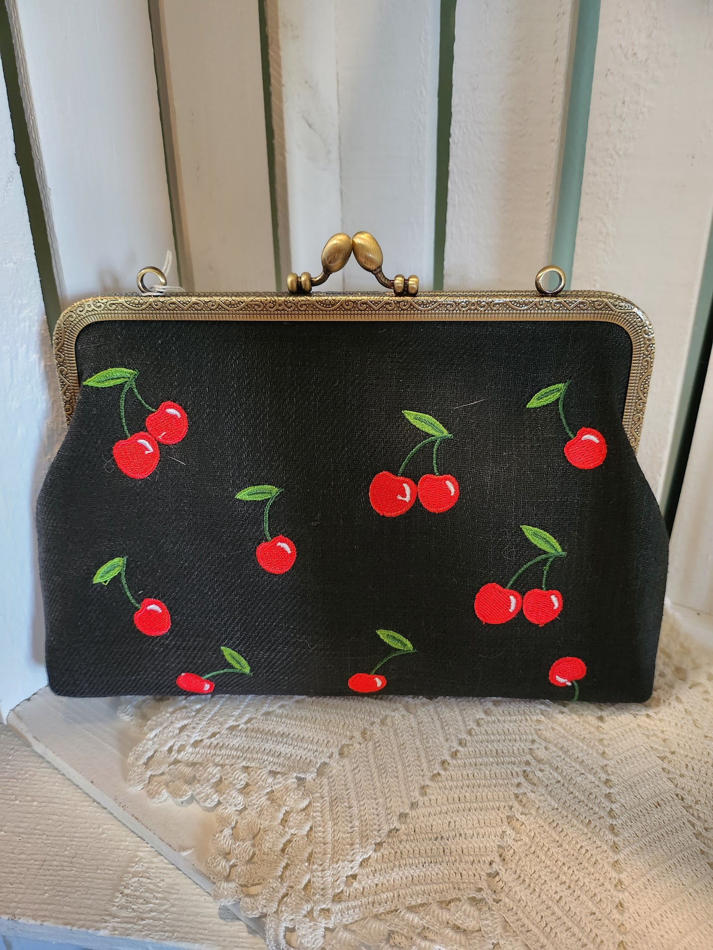 Canvas Cherry Embroidered Kisslock Clutch