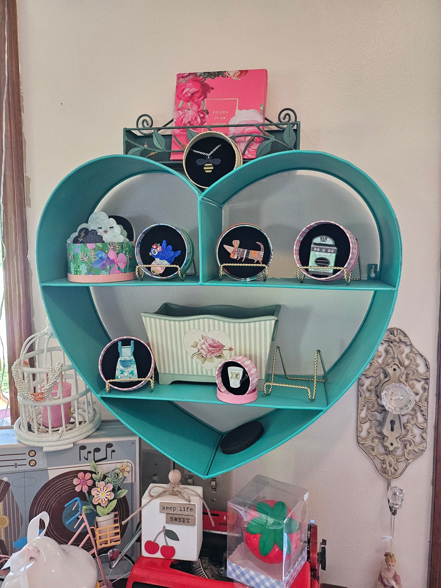 Vintage Aqua Metal Heart Shelf