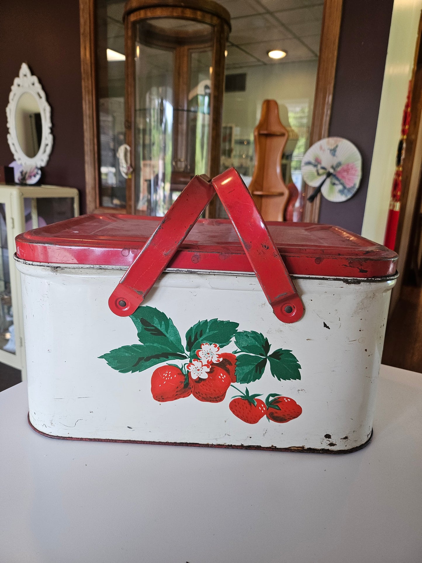 Vintage Strawberry Picnic Basket Tin