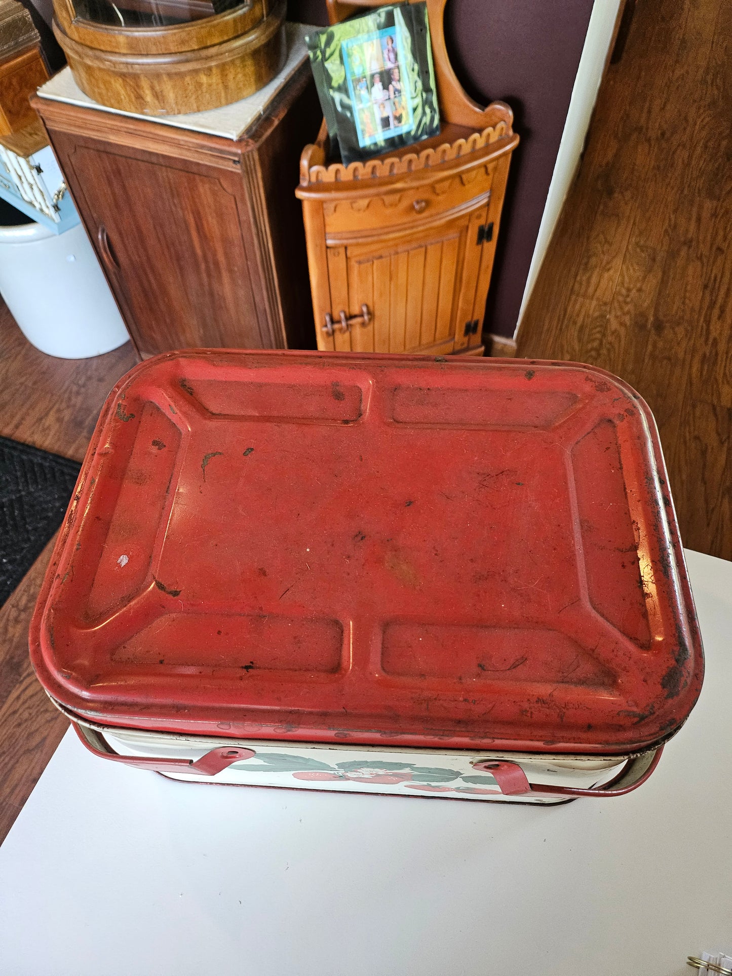 Vintage Strawberry Picnic Basket Tin