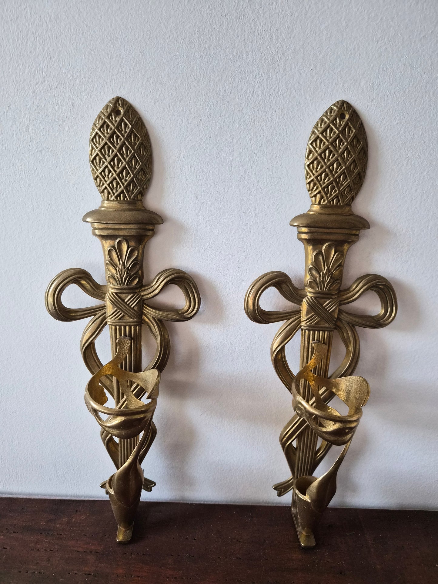 Brass Art Nouveau-Style Wall Sconces w/Glass Trumpet Vases