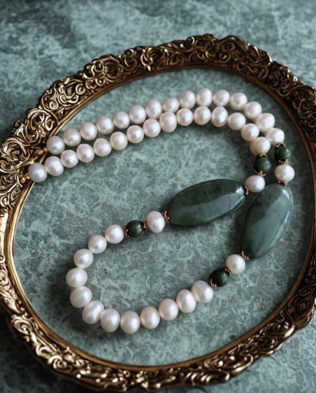 Pearls and Oval Jade Necklace