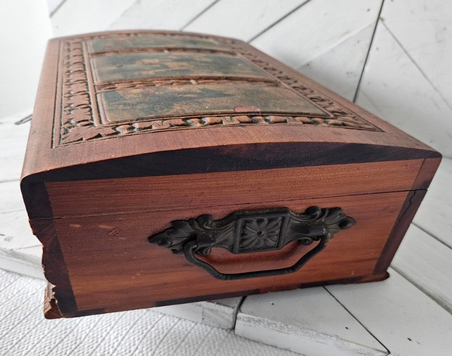 Carved Wood Leather Motif Jewelry Box