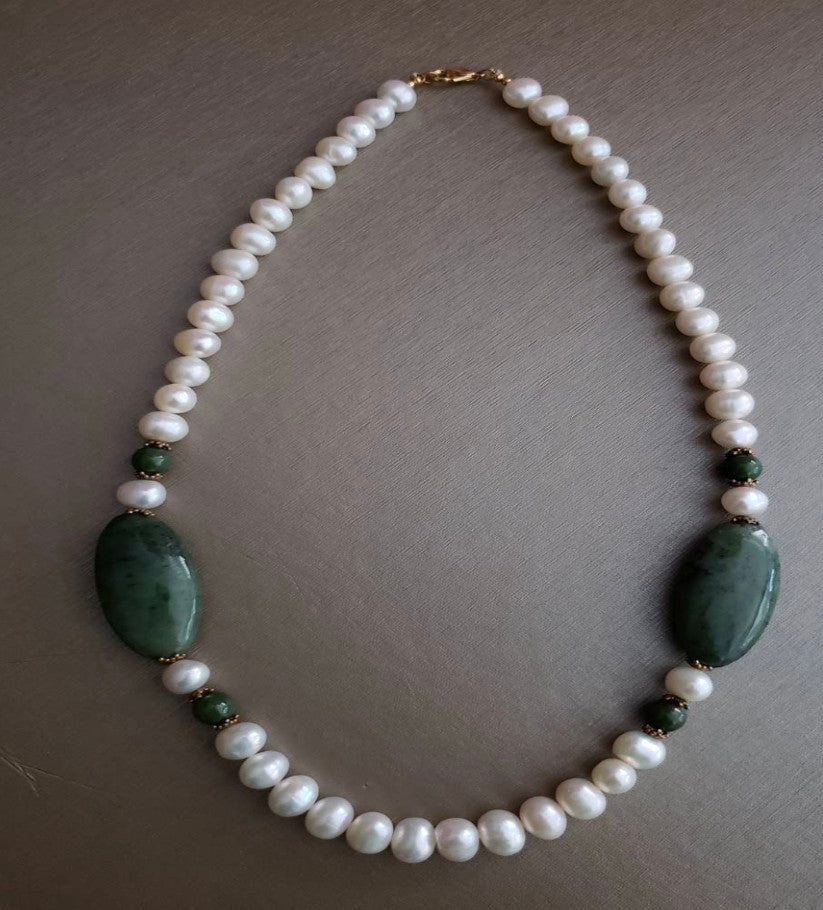 Pearls and Oval Jade Necklace
