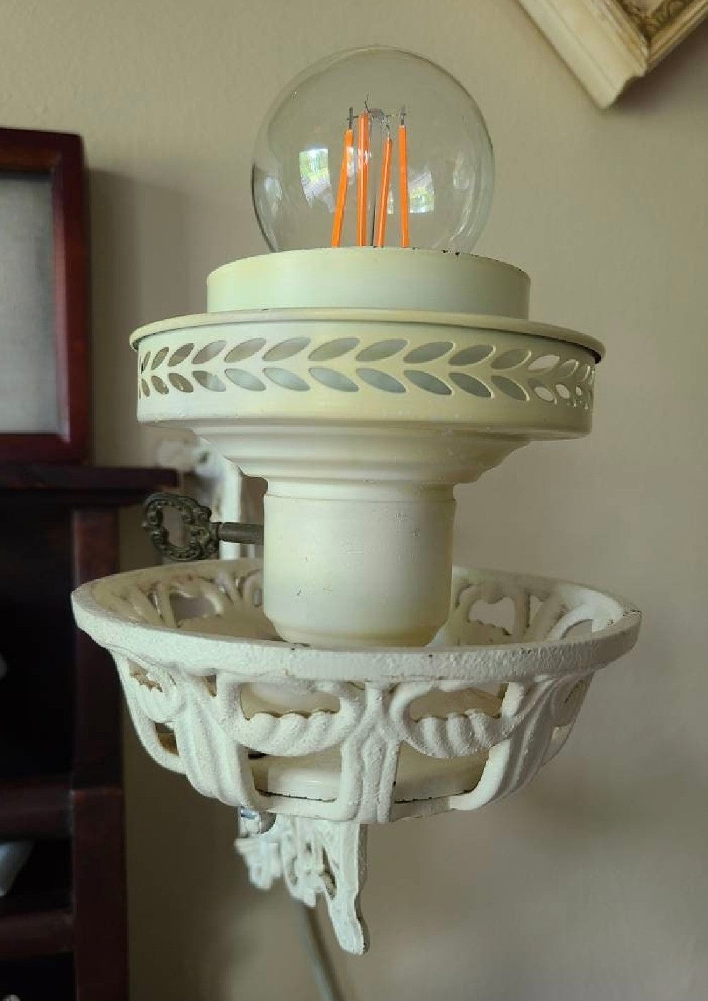 Victorian Repurposed Cast Iron Oil Lamp Holder and Light