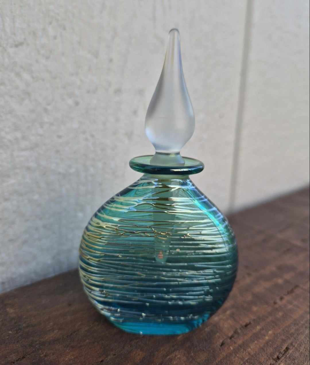 Blue Green Threaded Glass Perfume Bottle - Signed