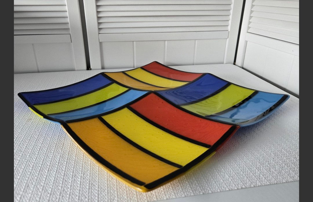 Fused Color Block Art Glass Dish