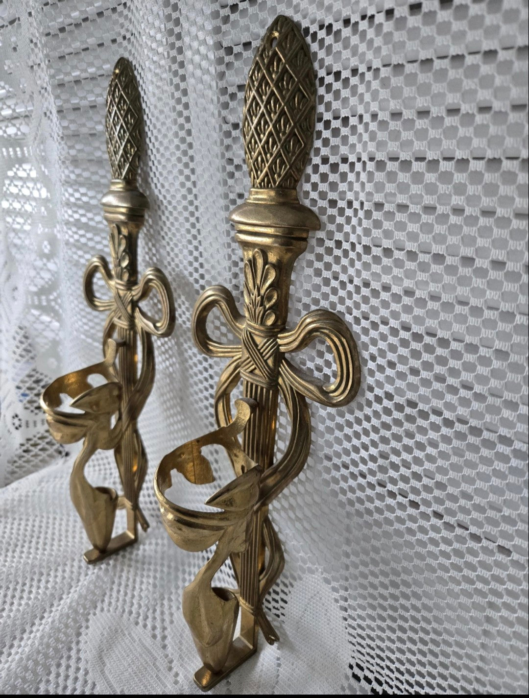 Brass Art Nouveau-Style Wall Sconces w/Glass Trumpet Vases