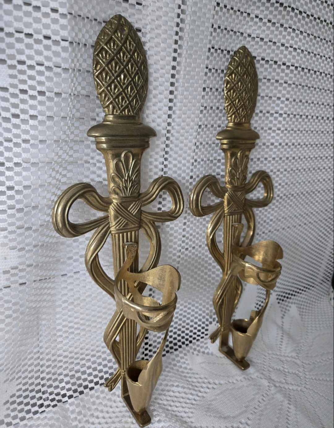 Brass Art Nouveau-Style Wall Sconces w/Glass Trumpet Vases