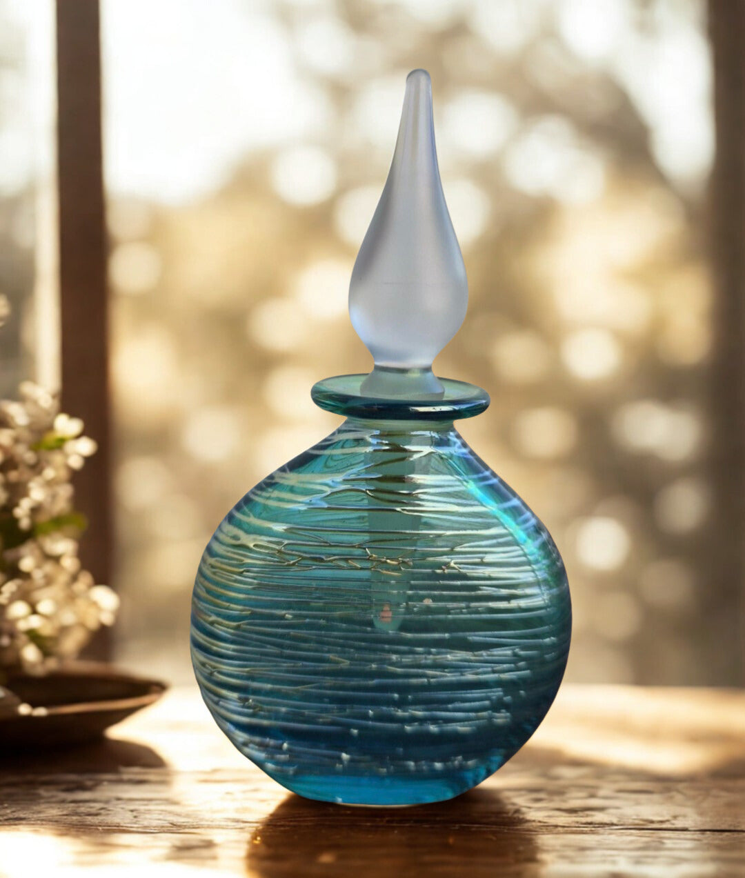 Blue Green Threaded Glass Perfume Bottle - Signed