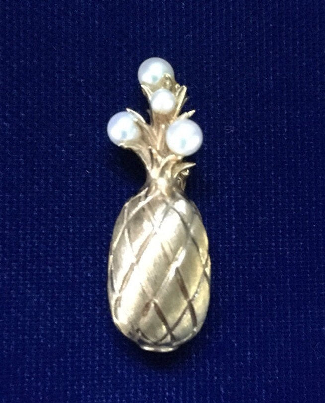 Estate 14K Yellow Gold Satin Brushed Pineapple Pin Brooch with Pearls - In-person Pickup Only