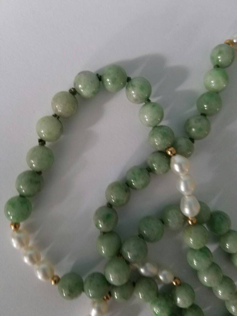 Vintage Jade and Pearl Necklace with 14K Yellow Gold Spacer Beads
