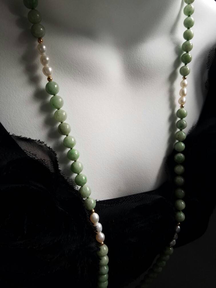 Vintage Jade and Pearl Necklace with 14K Yellow Gold Spacer Beads