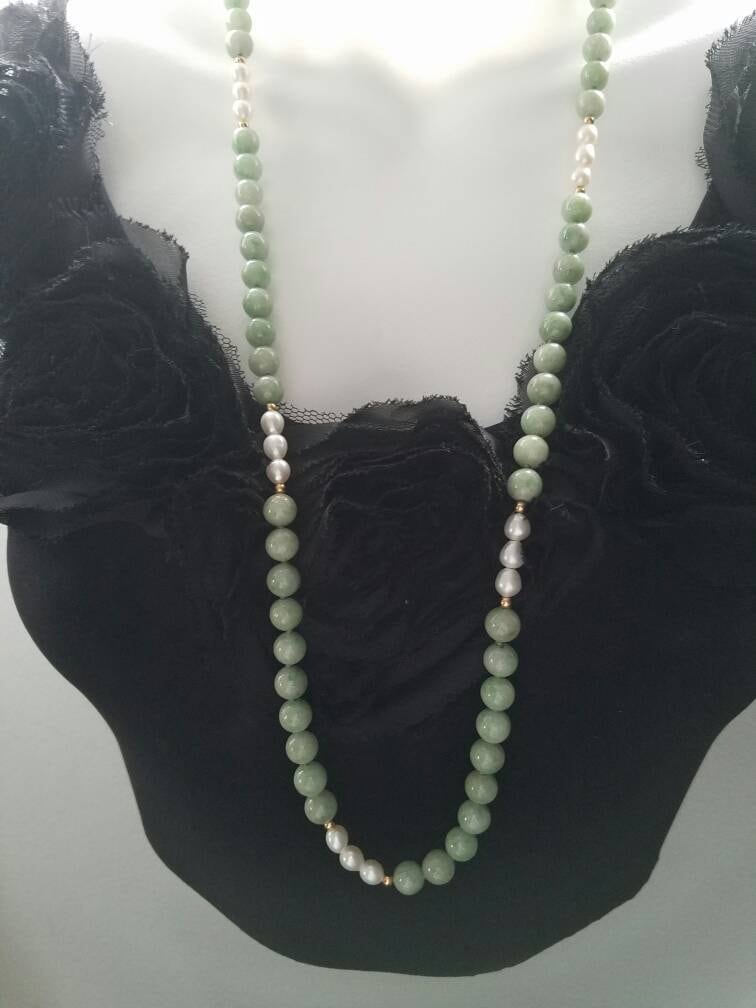 Vintage Jade and Pearl Necklace with 14K Yellow Gold Spacer Beads