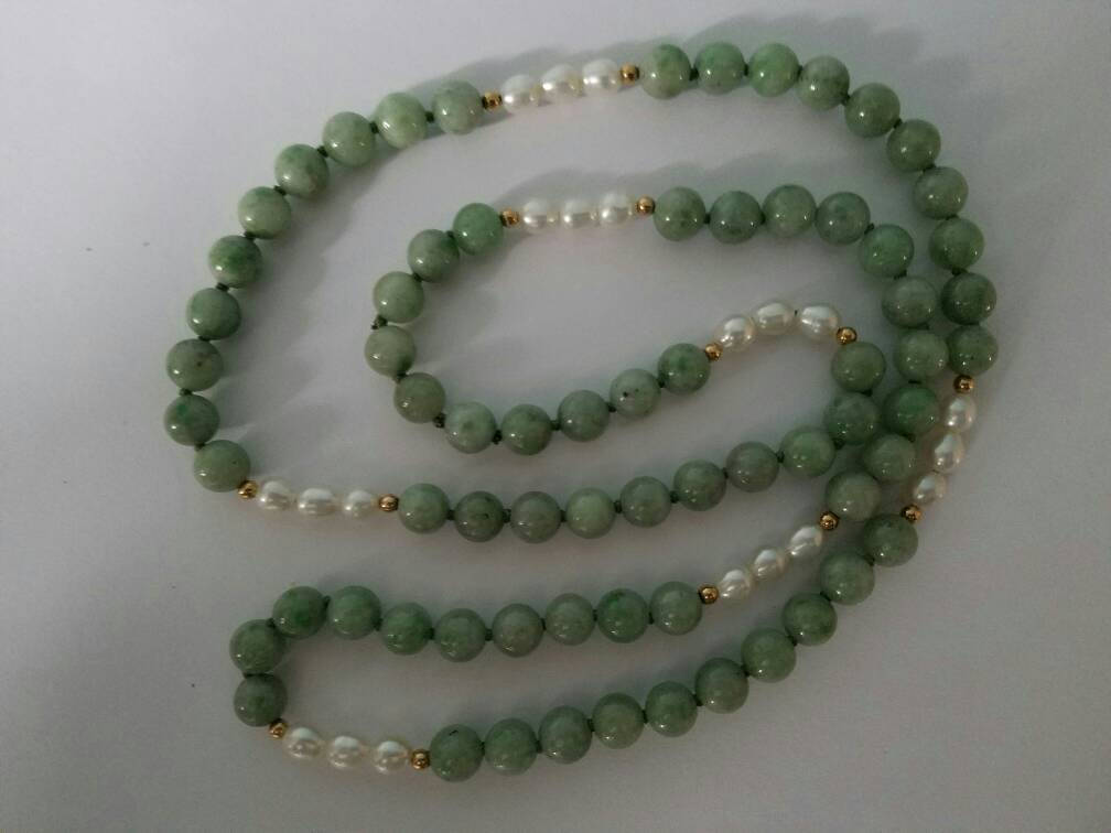 Vintage Jade and Pearl Necklace with 14K Yellow Gold Spacer Beads