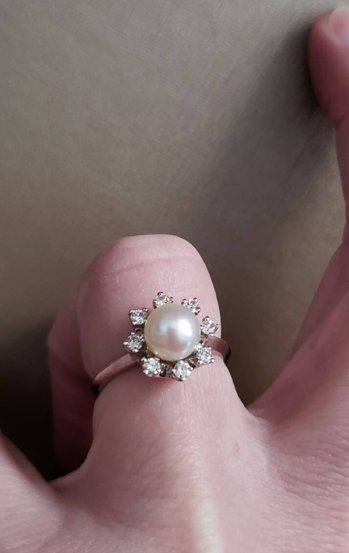 Vintage Estate Pearl and Halo Diamond Ring 18K - Local Pickup Only