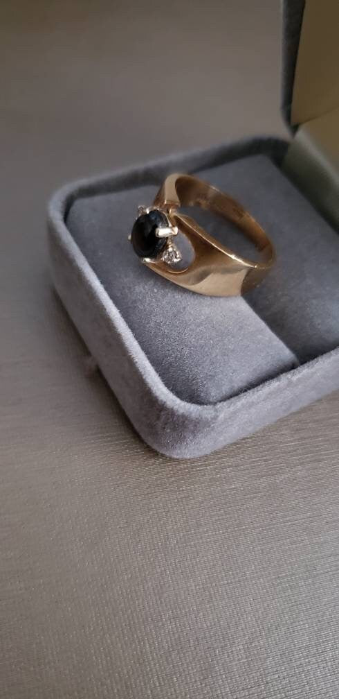 Art Deco Style Smoky Quartz Cabochon and Diamond Accent Ring 14K - Local Pick Up