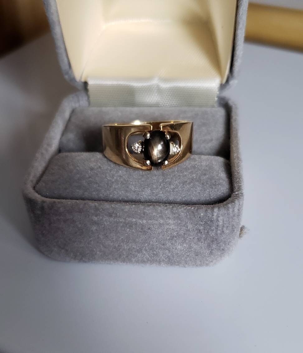 Art Deco Style Smoky Quartz Cabochon and Diamond Accent Ring 14K - Local Pick Up