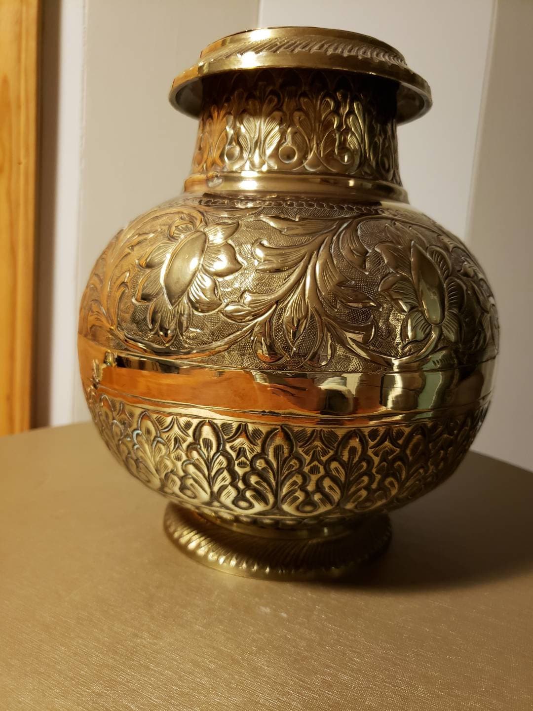 Vintage Ornate Brass Bulbous Floral Motif Vase