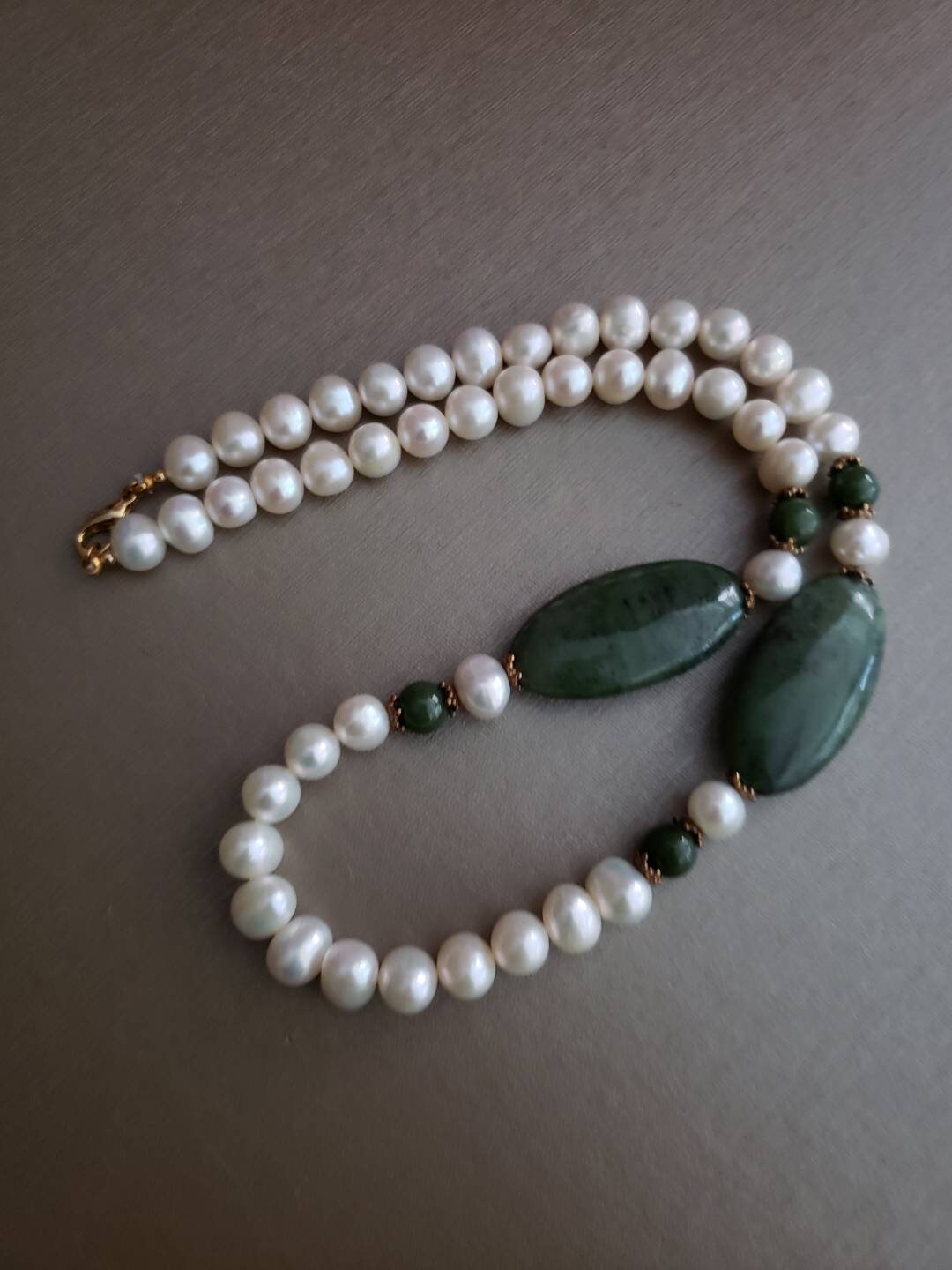 Pearls and Oval Jade Necklace
