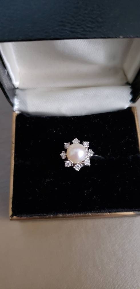 Vintage Estate Pearl and Halo Diamond Ring 18K - Local Pickup Only