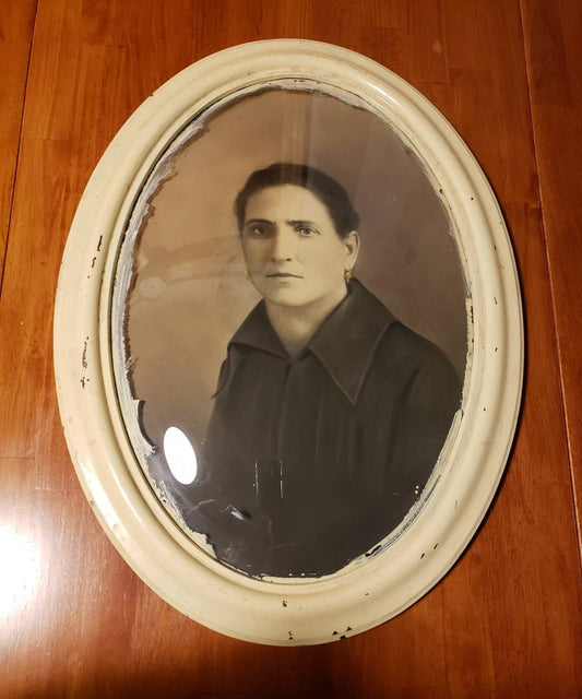 Antique Portrait in Oval Bubble Glass Frame