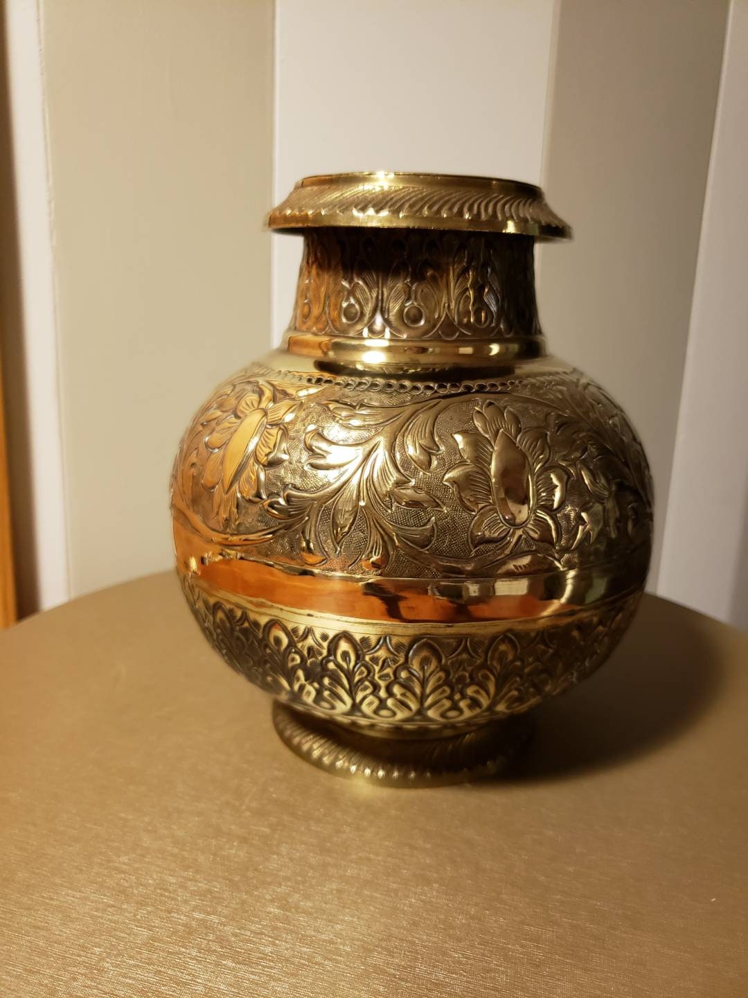 Vintage Ornate Brass Bulbous Floral Motif Vase