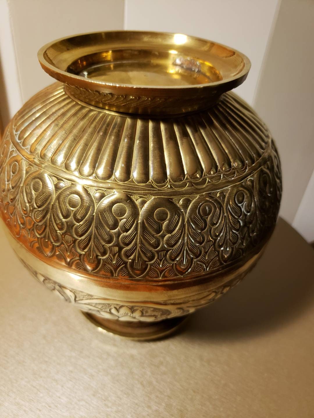 Vintage Ornate Brass Bulbous Floral Motif Vase