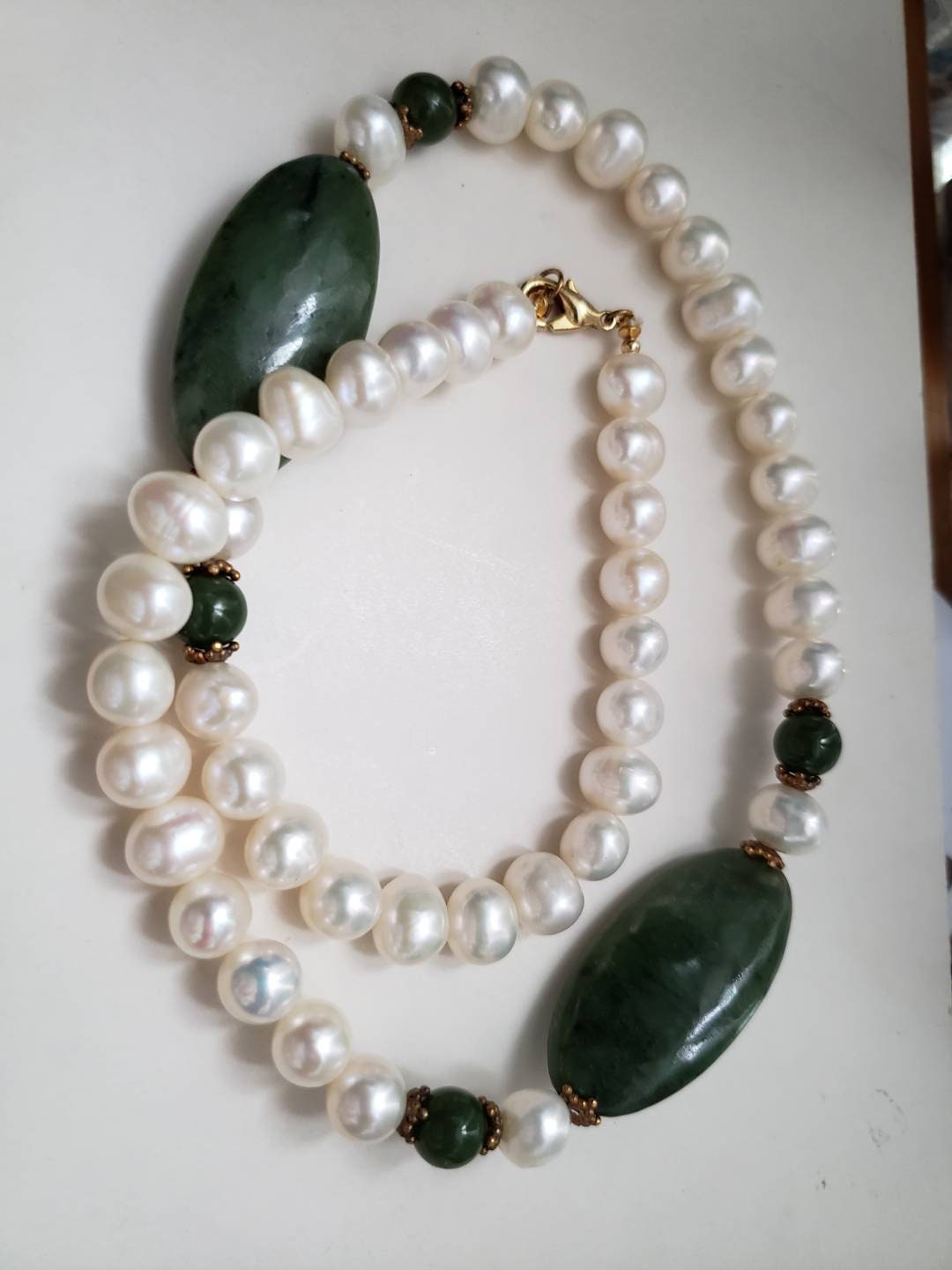 Pearls and Oval Jade Necklace