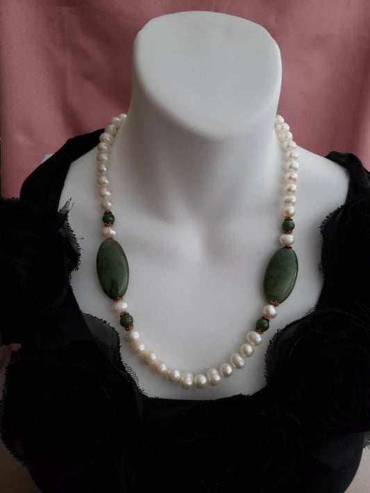 Pearls and Oval Jade Necklace