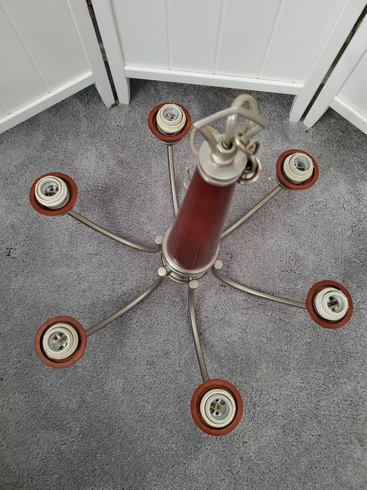 Mid Century Wood Pewter Chandelier