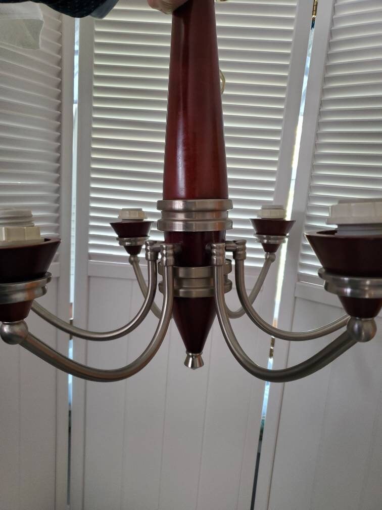 Mid Century Wood Pewter Chandelier