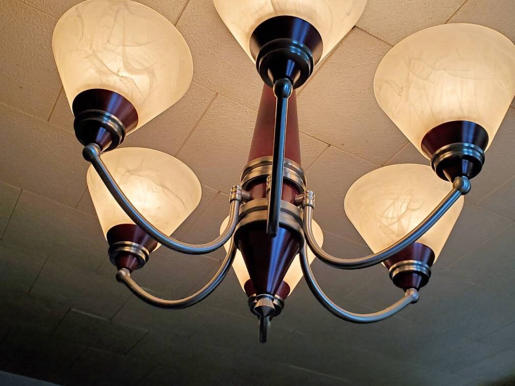 Mid Century Wood Pewter Chandelier