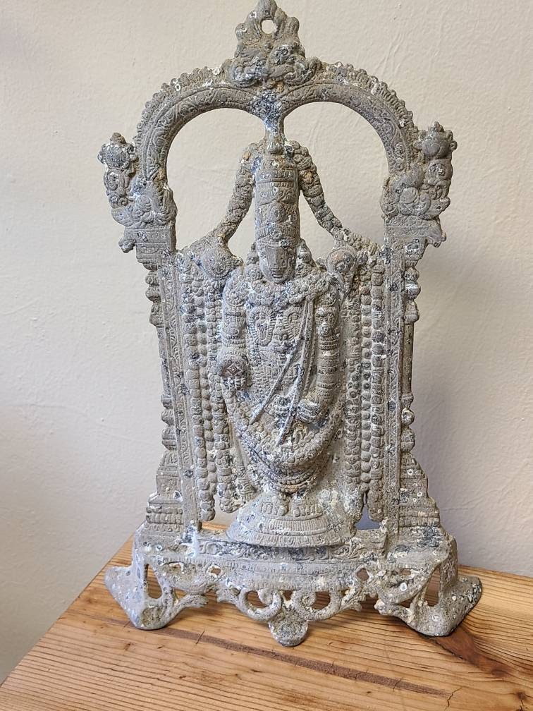 Antique Lord Venkateswara Statue Shrine w/ Footed Caldron Pot