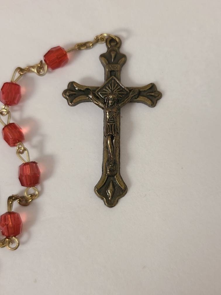 Vintage Red Fauceted Bead Rosary
