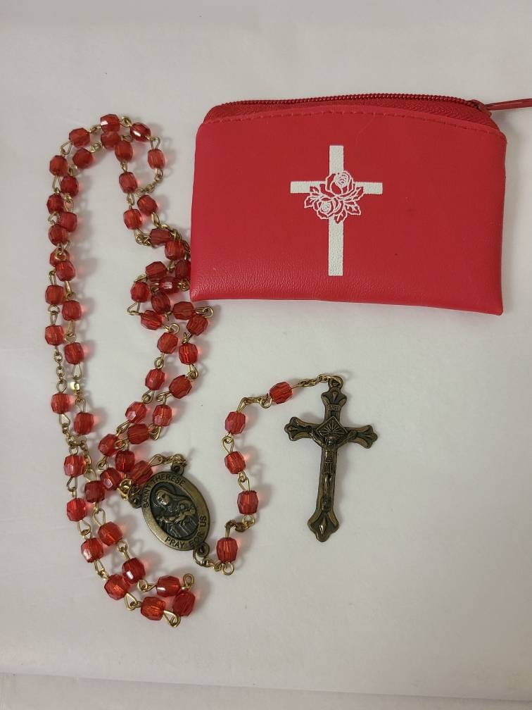 Vintage Red Fauceted Bead Rosary