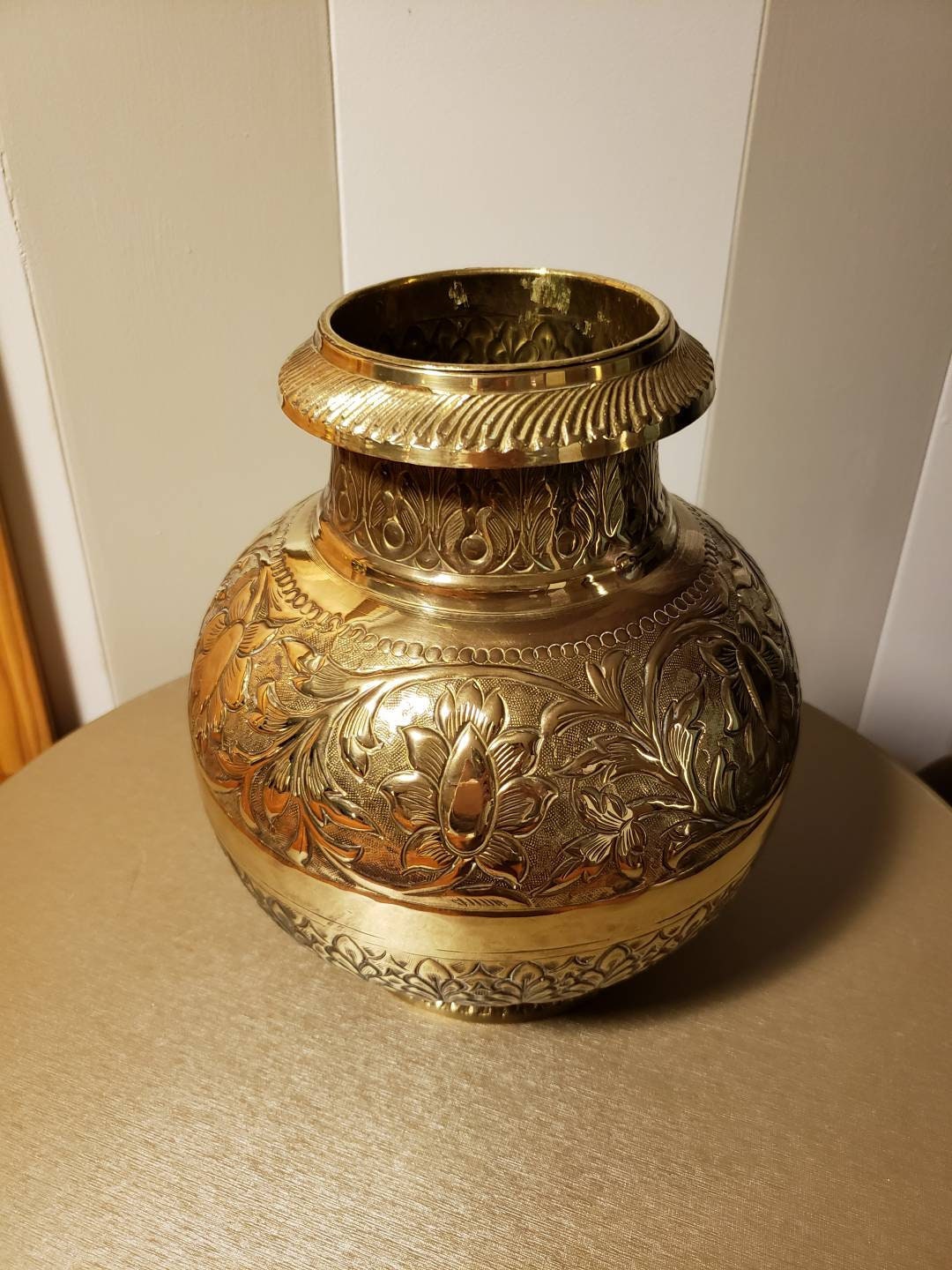 Vintage Ornate Brass Bulbous Floral Motif Vase