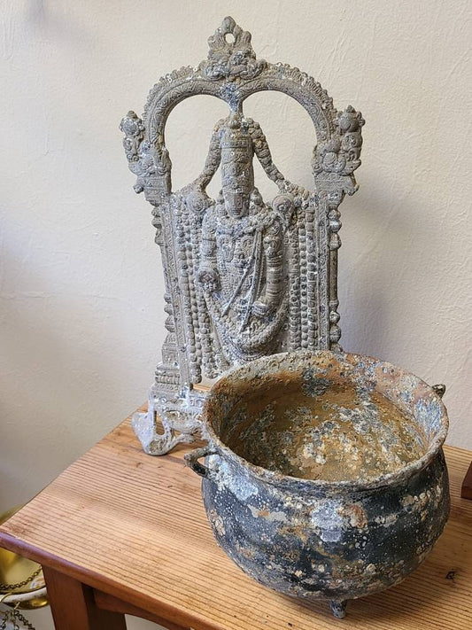 Antique Lord Venkateswara Statue Shrine w/ Footed Caldron Pot
