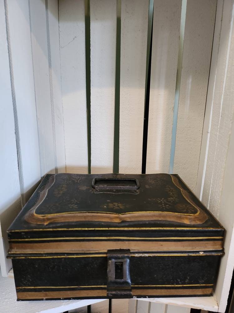 Antique Golden Floral and Black Metal Spice Box