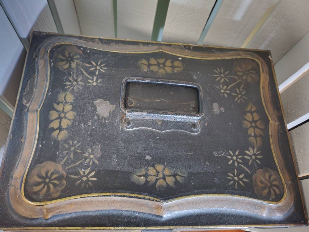 Antique Golden Floral and Black Metal Spice Box