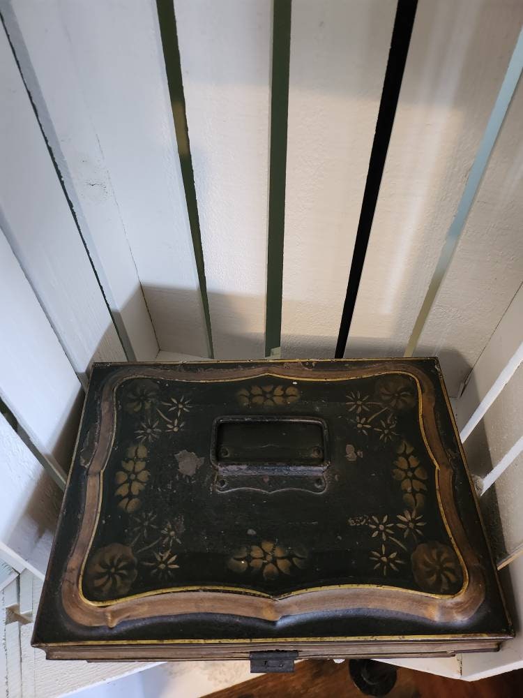 Antique Golden Floral and Black Metal Spice Box