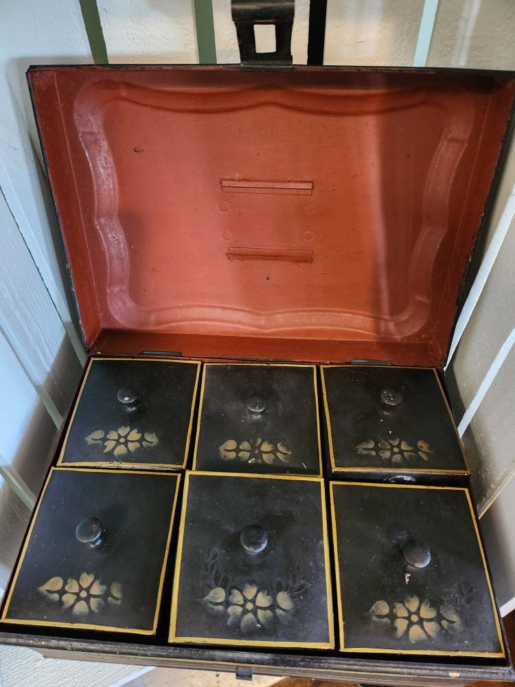 Antique Golden Floral and Black Metal Spice Box