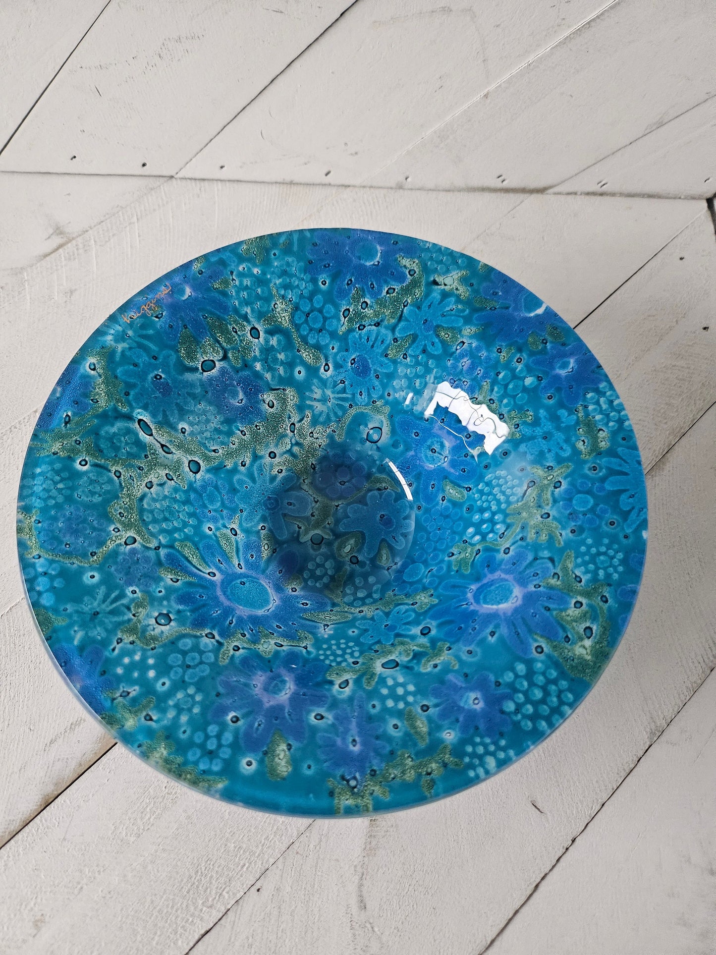 Higgins Blue Art Glass Floral Bowl